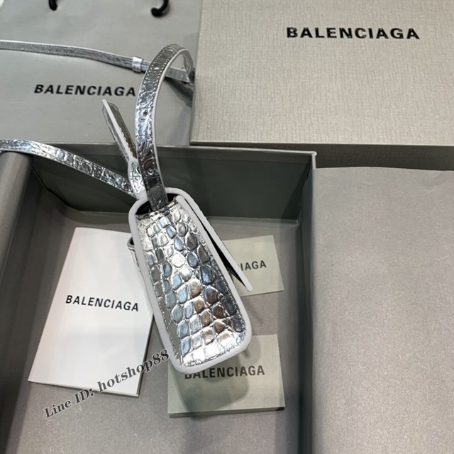 Balenciaga專櫃爆款迷你鱷魚紋銀色手提女包 巴黎世家mini Hourglass沙漏包 fyj1928